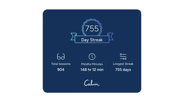 Meditation streak dashboard showing 755 consecutive days